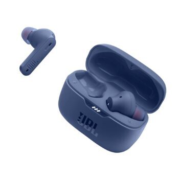 Blue wireless earbuds with charging case