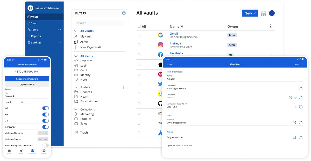 Password manager interface showing vault and password generator.