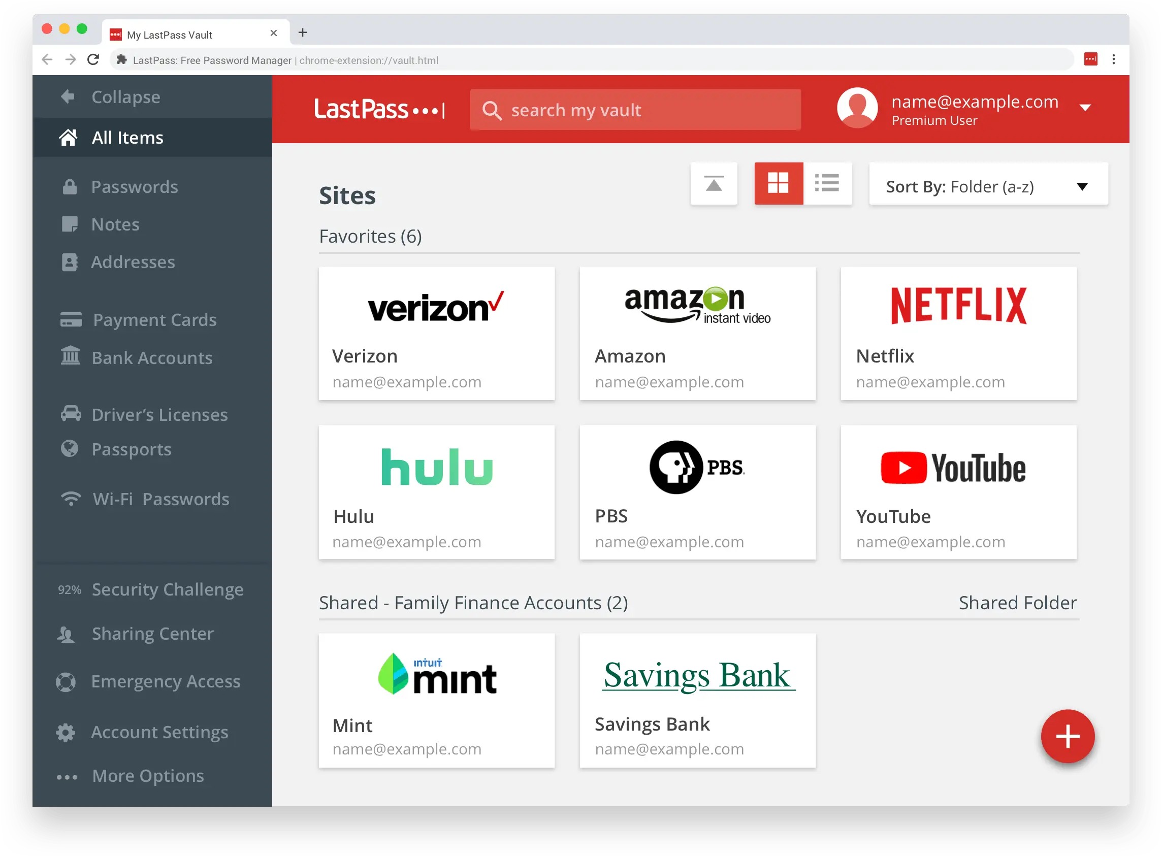 LastPass vault interface with stored login accounts