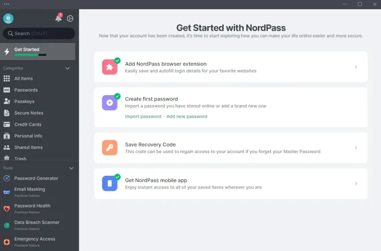 NordPass setup screen with four setup steps.